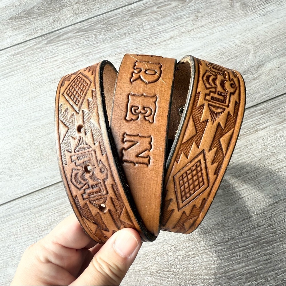 Vintage Karen Brown Hand Tooled Eagles Leather Belt STRAP Made in USA